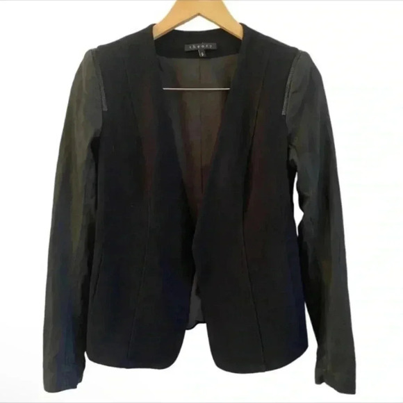 Theory YAISA PRYOR Leather Sleeve Zip Shoulder Jacket Blazer - Picture 1 of 6